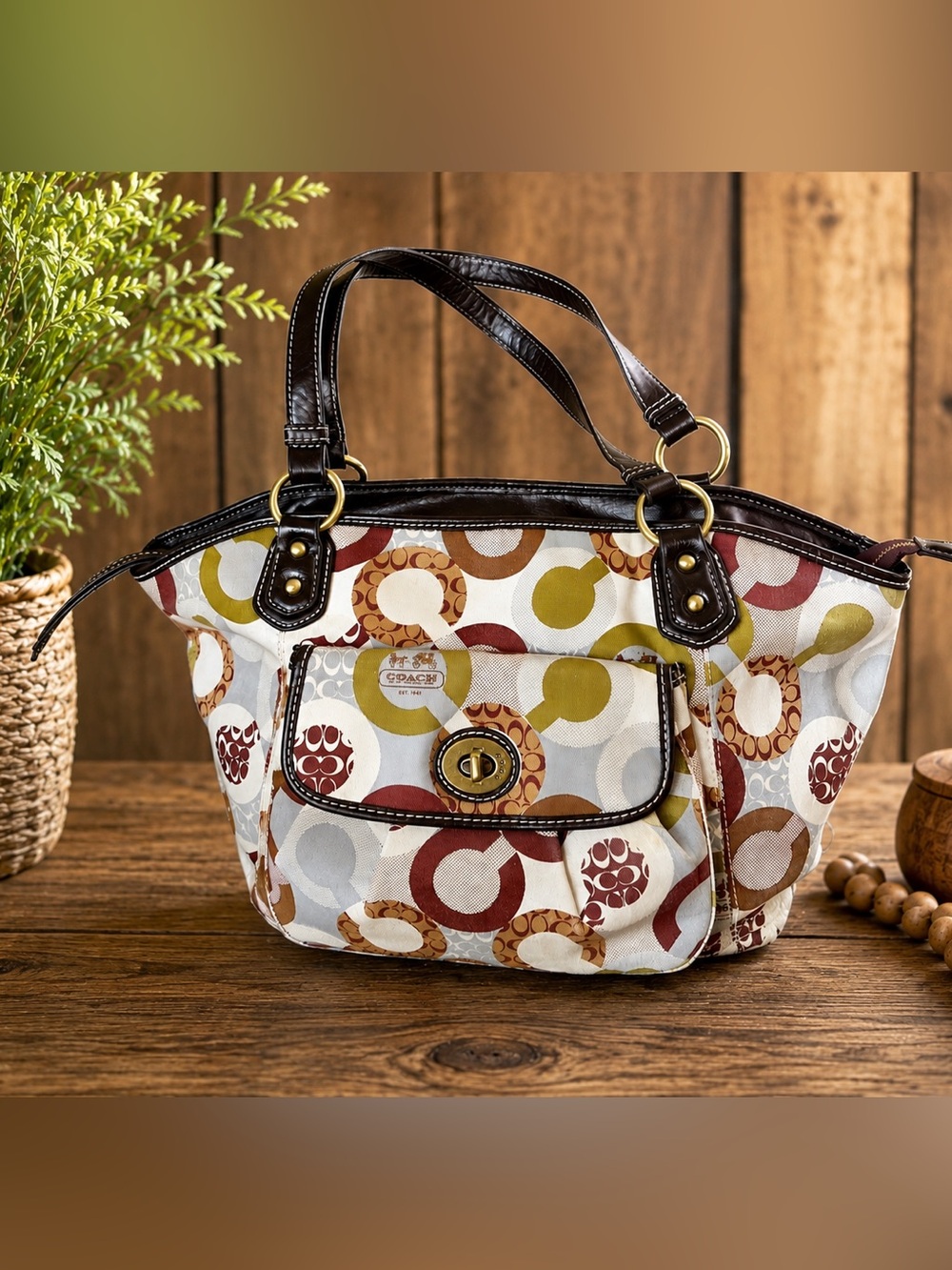 Coach Vintage 2004 Signature Optic Print Canvas Tote Shoulder Bag Turnlock EUC